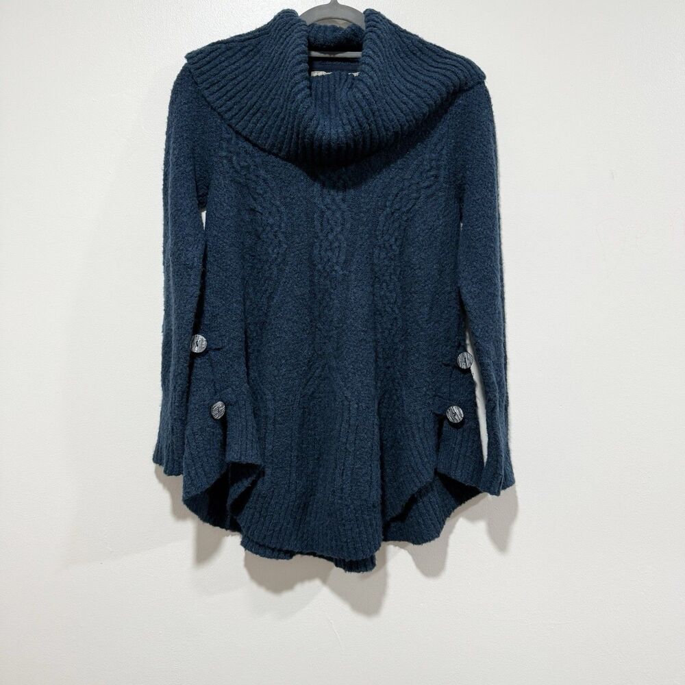 Angel Of The North Navy Blue Cable Cowl Neck Wool Blend Chunky Sweater Sz Small